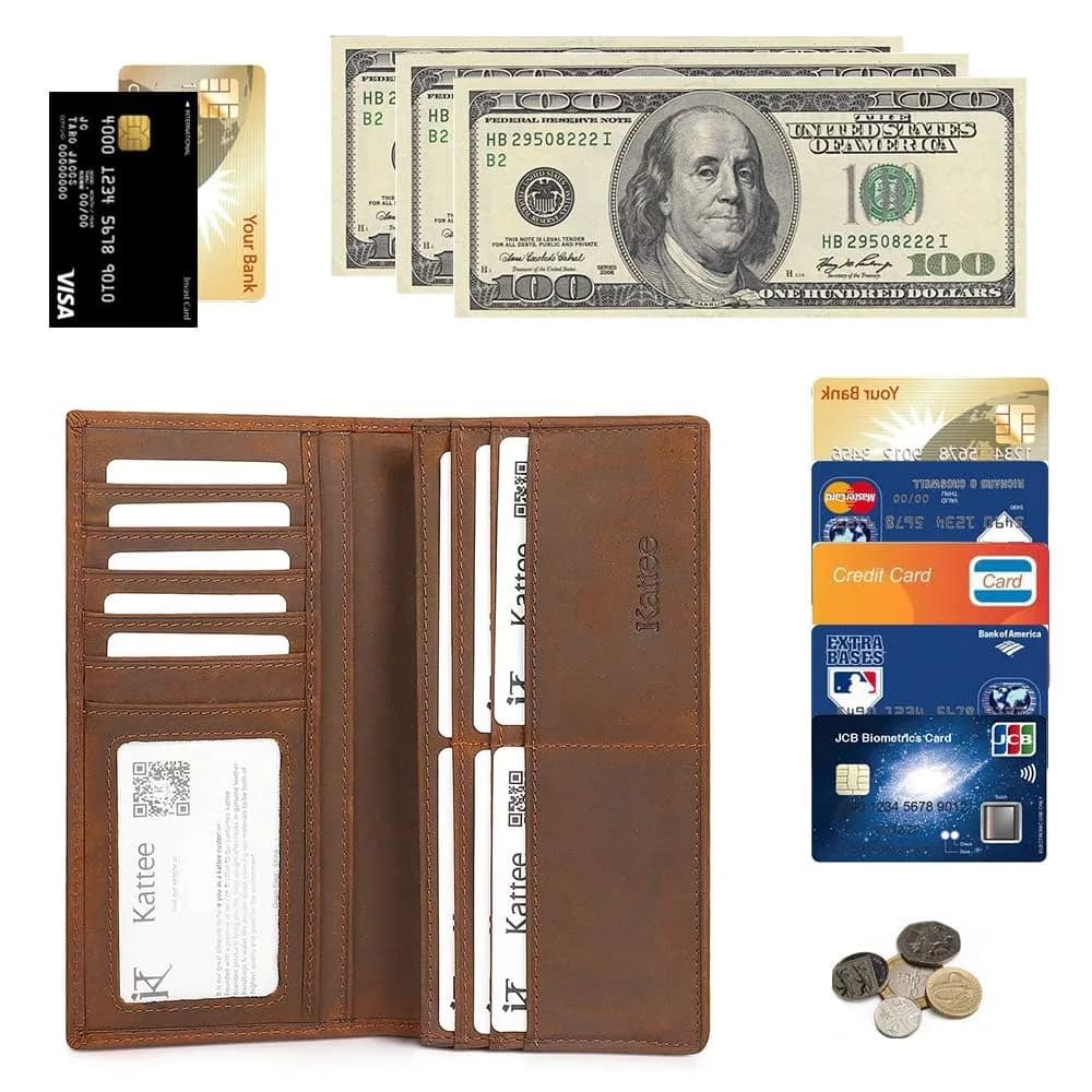 Kattee Men's Vintage Genuine Leather Long Wallet for Checkbook Credit Cards | 11 Card Slots, ID Window, Zipper Pocket - view 6