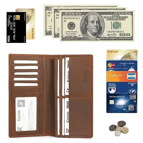 Kattee Men's Vintage Genuine Leather Long Wallet for Checkbook Credit Cards | 11 Card Slots, ID Window, Zipper Pocket thumbnail 6