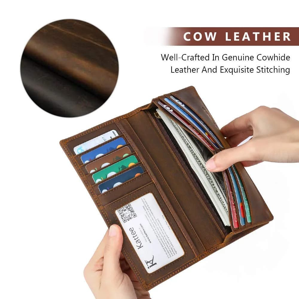 Kattee Men's Vintage Genuine Leather Long Wallet for Checkbook Credit Cards | 11 Card Slots, ID Window, Zipper Pocket - view 4