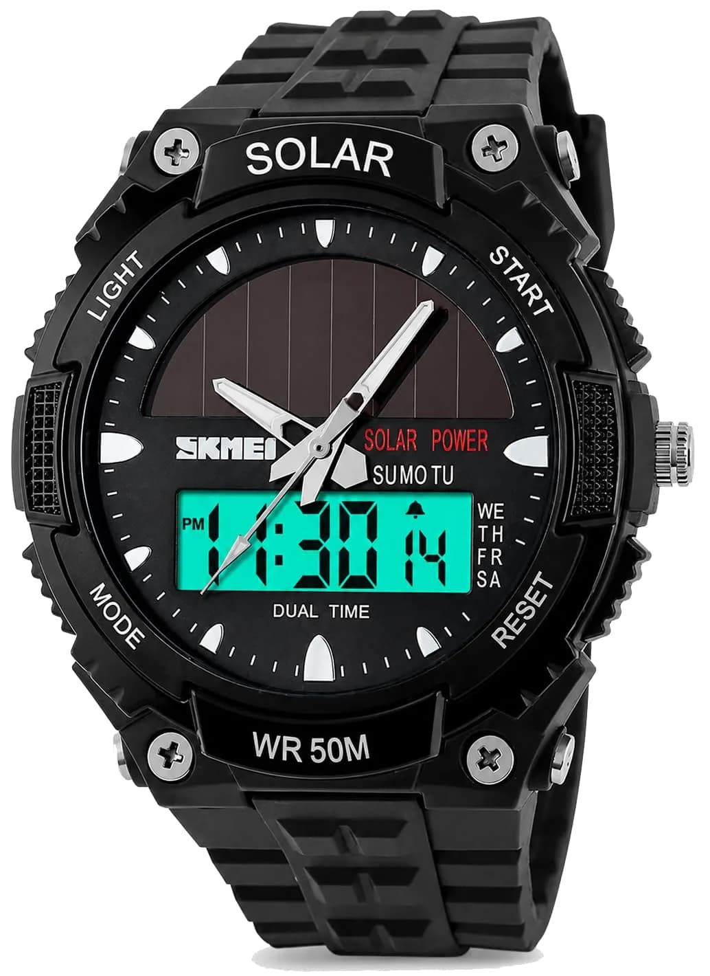 MASTOP Solar Energy Watch Black 50mm (1.97in) | Dual Time Zone, 50M Waterproof, LED Luminous — Black