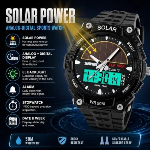 MASTOP Solar Energy Watch Black 50mm (1.97in) | Dual Time Zone, 50M Waterproof, LED Luminous thumbnail 5