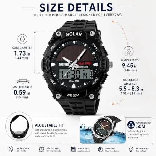 MASTOP Solar Energy Watch Black 50mm (1.97in) | Dual Time Zone, 50M Waterproof, LED Luminous thumbnail 6
