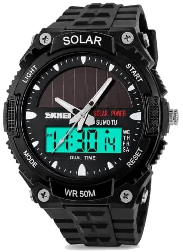 MASTOP Solar Energy Watch Black 50mm (1.97in) | Dual Time Zone, 50M Waterproof, LED Luminous thumbnail 1