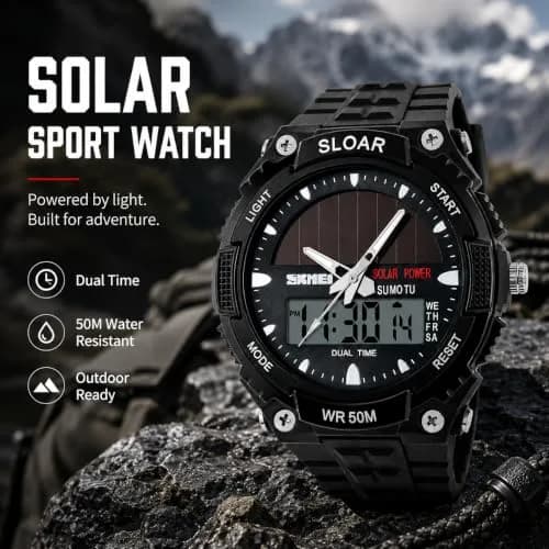 MASTOP Solar Energy Watch Black 50mm (1.97in) | Dual Time Zone, 50M Waterproof, LED Luminous thumbnail 2
