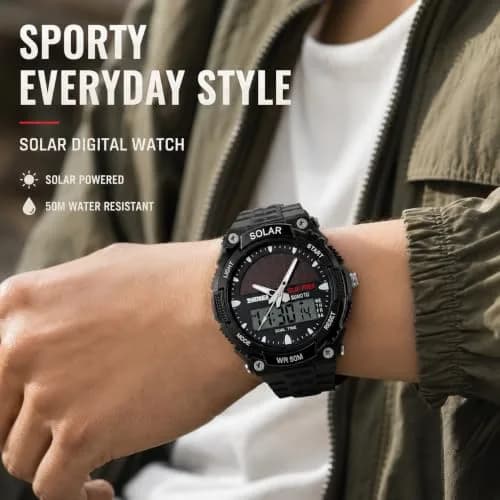 MASTOP Solar Energy Watch Black 50mm (1.97in) | Dual Time Zone, 50M Waterproof, LED Luminous thumbnail 3