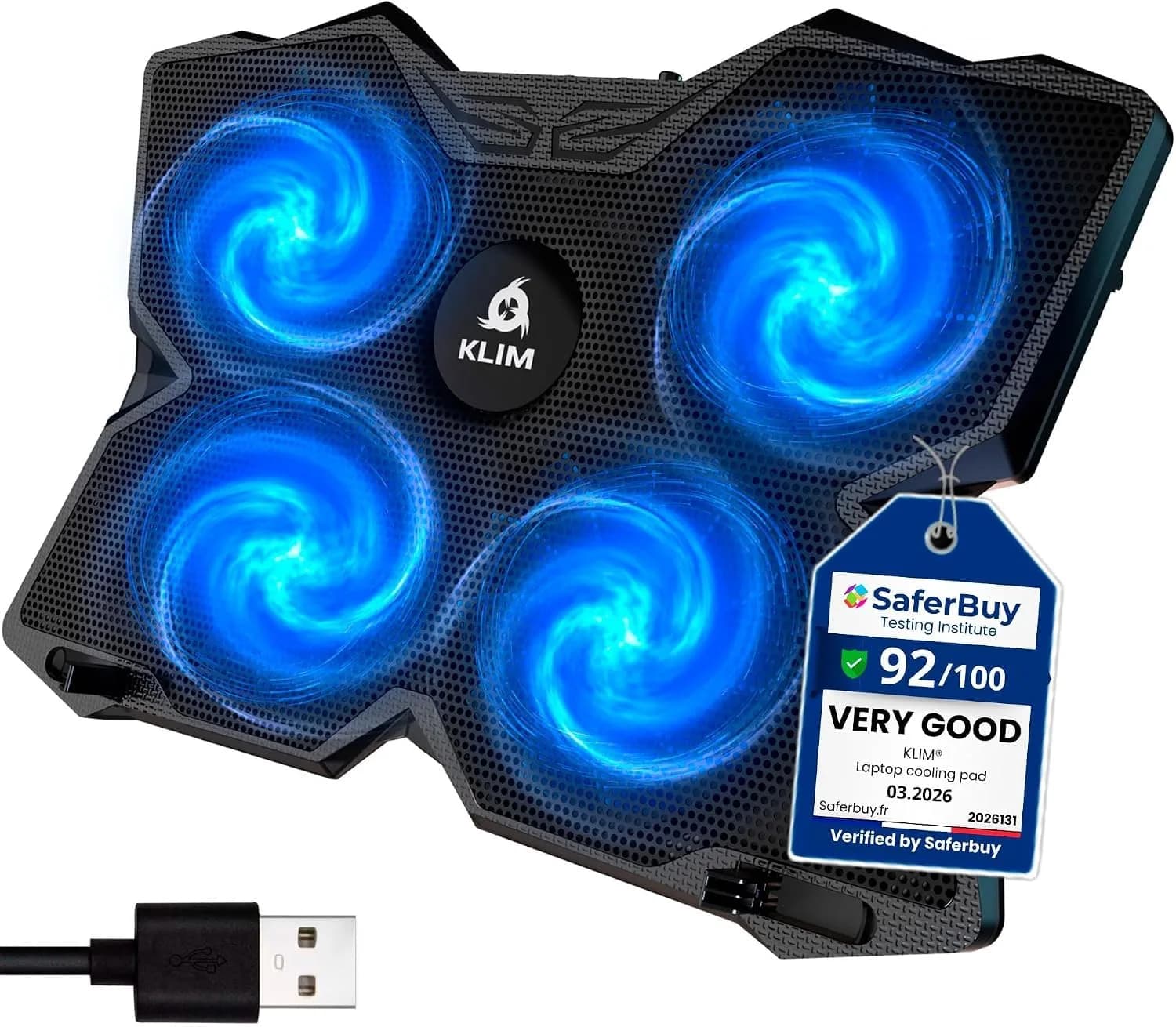 KLIM Wind Laptop Cooling Pad White 40.1cm x 27.2cm x 3.1cm (15.8" x 10.7" x 1.2") | Powerful Cooling for Laptops Up to 19" — Blue