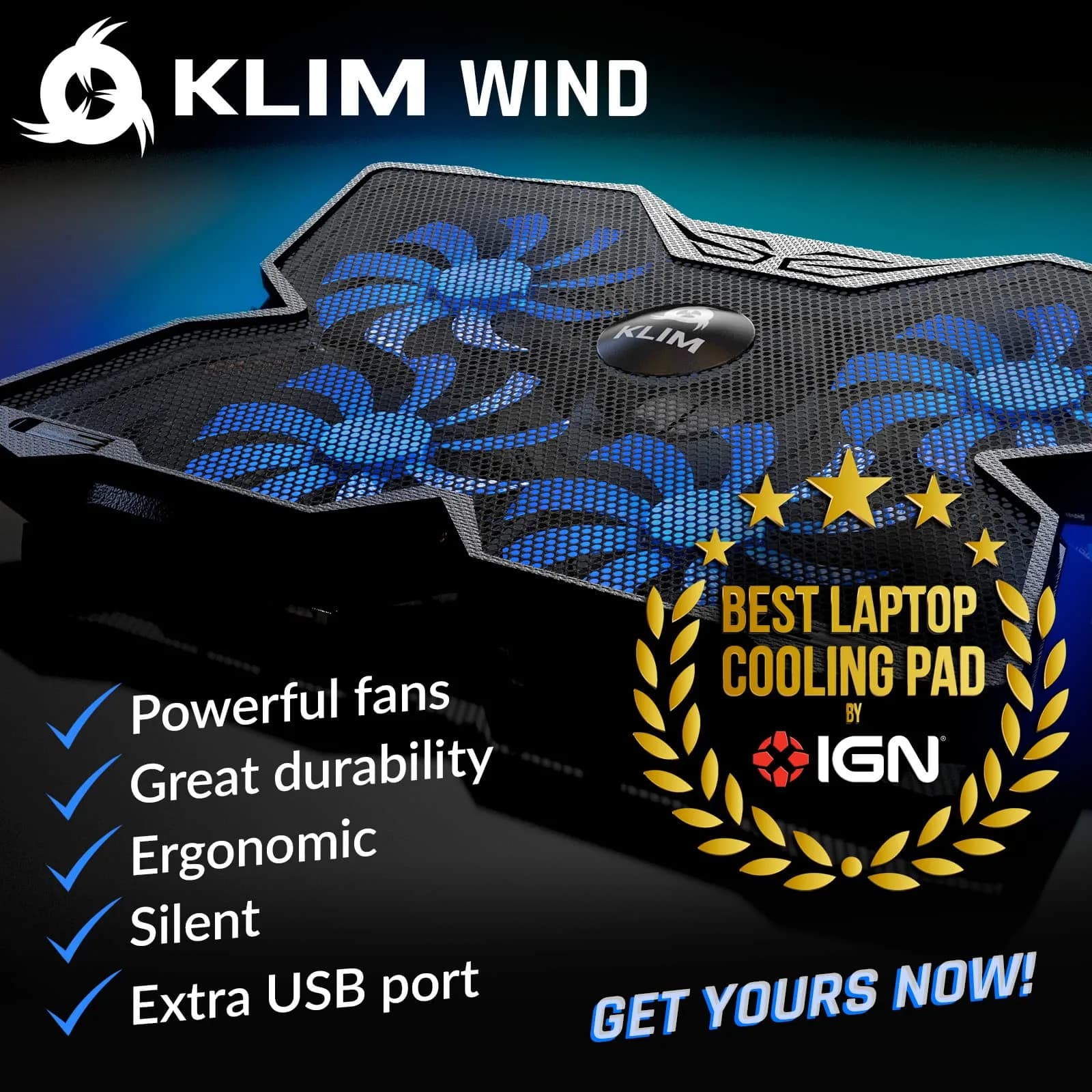 KLIM Wind Laptop Cooling Pad Blue with 4 Fans | 40.8cm (16 inch) Compatible, USB Powered, 1200 RPM thumbnail 2