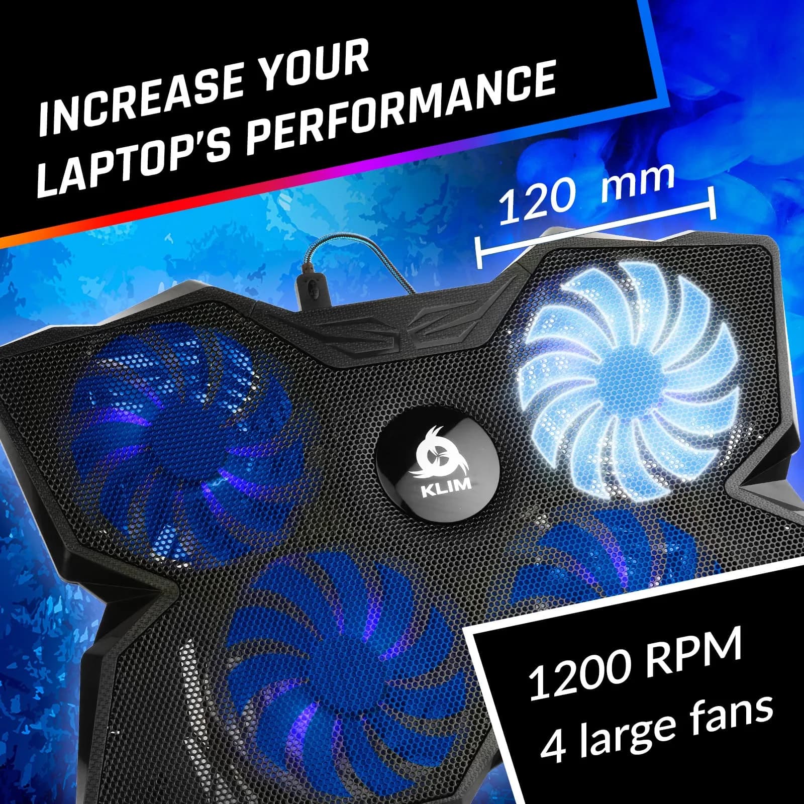 KLIM Wind Laptop Cooling Pad Blue with 4 Fans | 40.8cm (16 inch) Compatible, USB Powered, 1200 RPM thumbnail 3