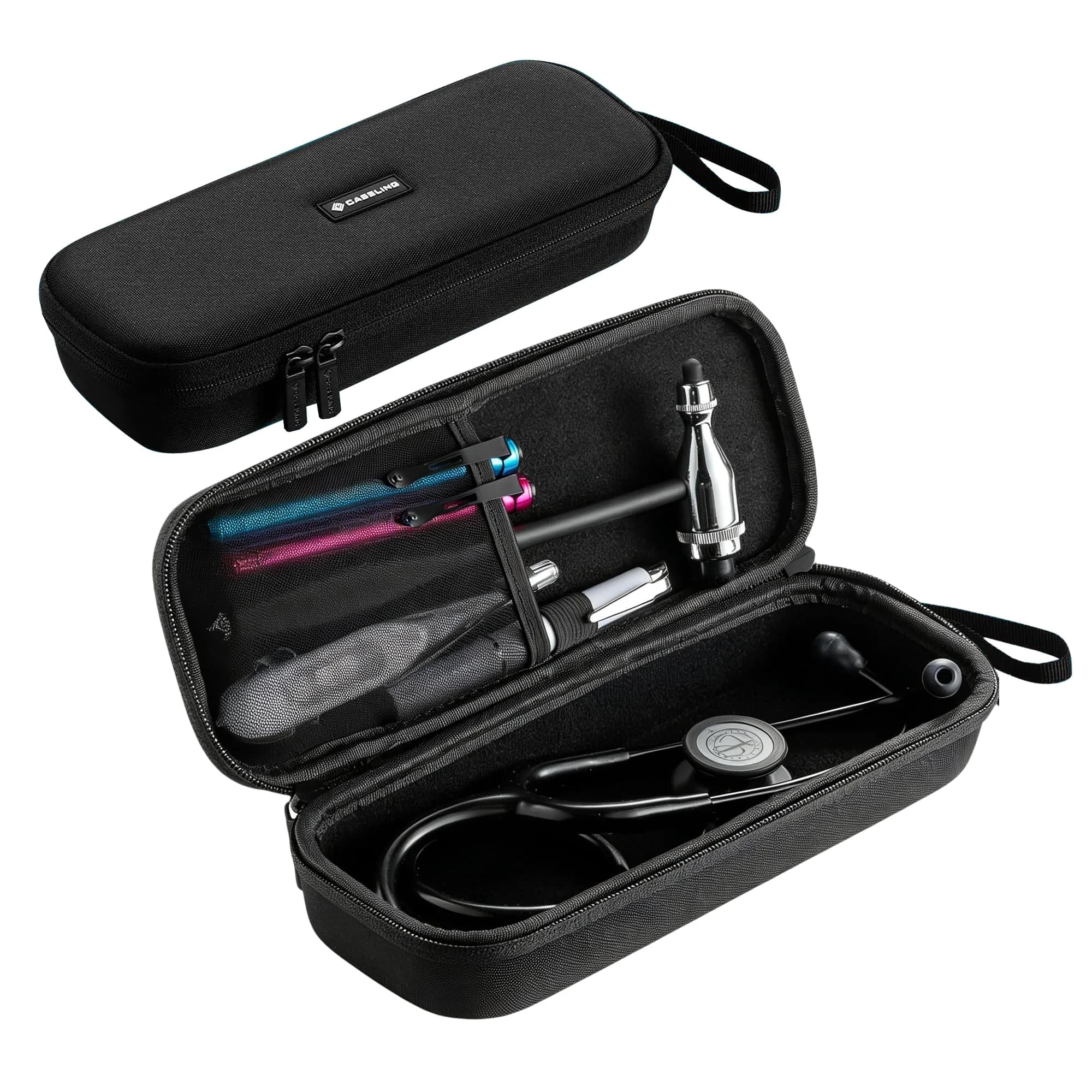 caseling Pink Stethoscope Case with ID Slot & Pockets | Fits 3M Littmann Classic III, Lightweight II S.E, MDF Acoustica | Hard EVA Holder for Nurses (10.8" L x 4.1" W x 2.4" H) — EVA Black