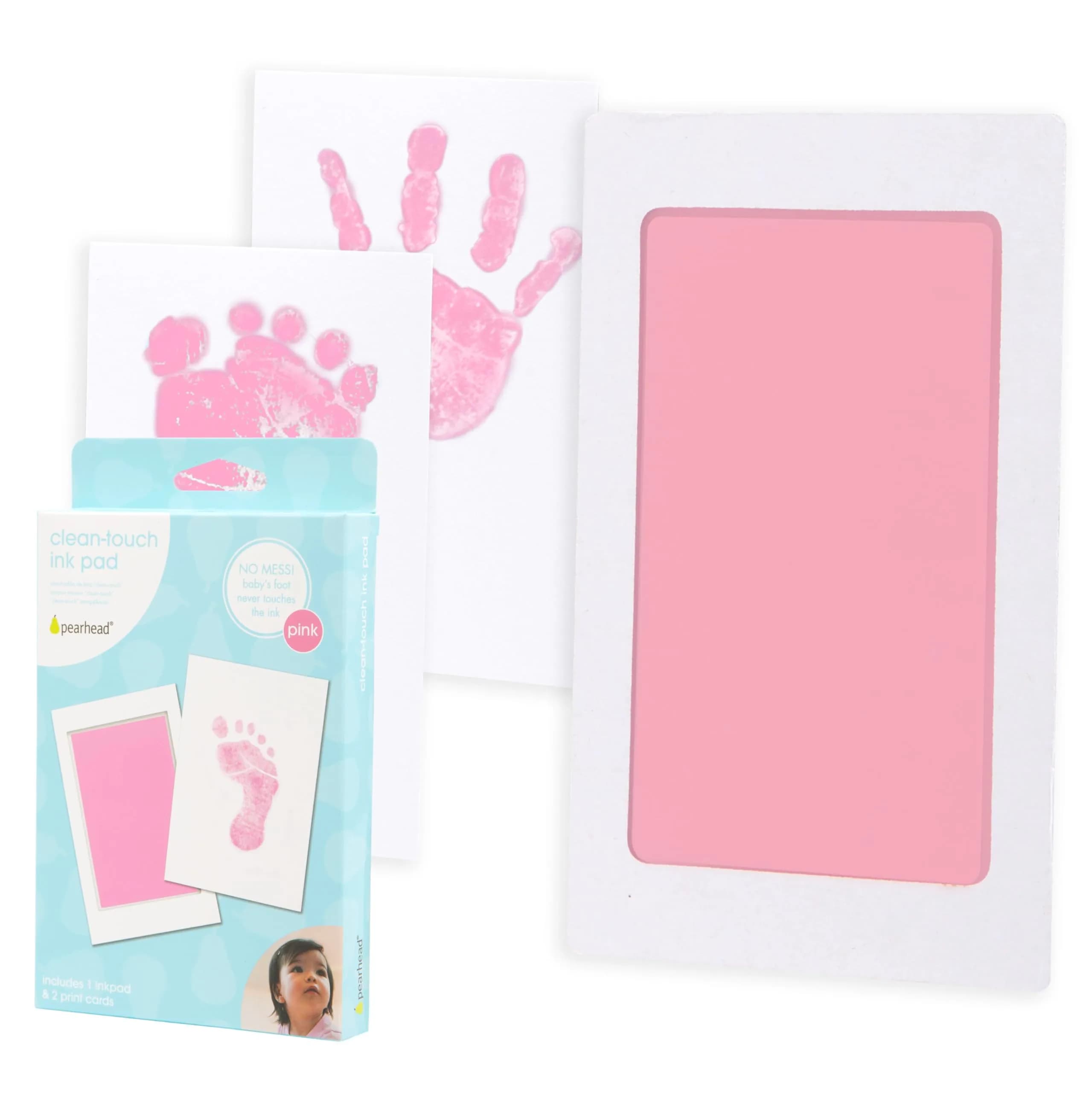Pearhead Inkless Baby Hand and Footprint Kit | Mess-Free Clean Touch Ink Pad for Newborn Keepsake, Zero Ink on Skin, 2.25" x 3.5" Prints — Pink