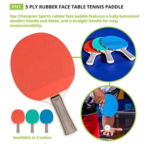 Champion Sports Table Tennis Paddle, Assorted Colors | 5 Ply Rubber Face, Straight Handle, Assorted Colors thumbnail 6