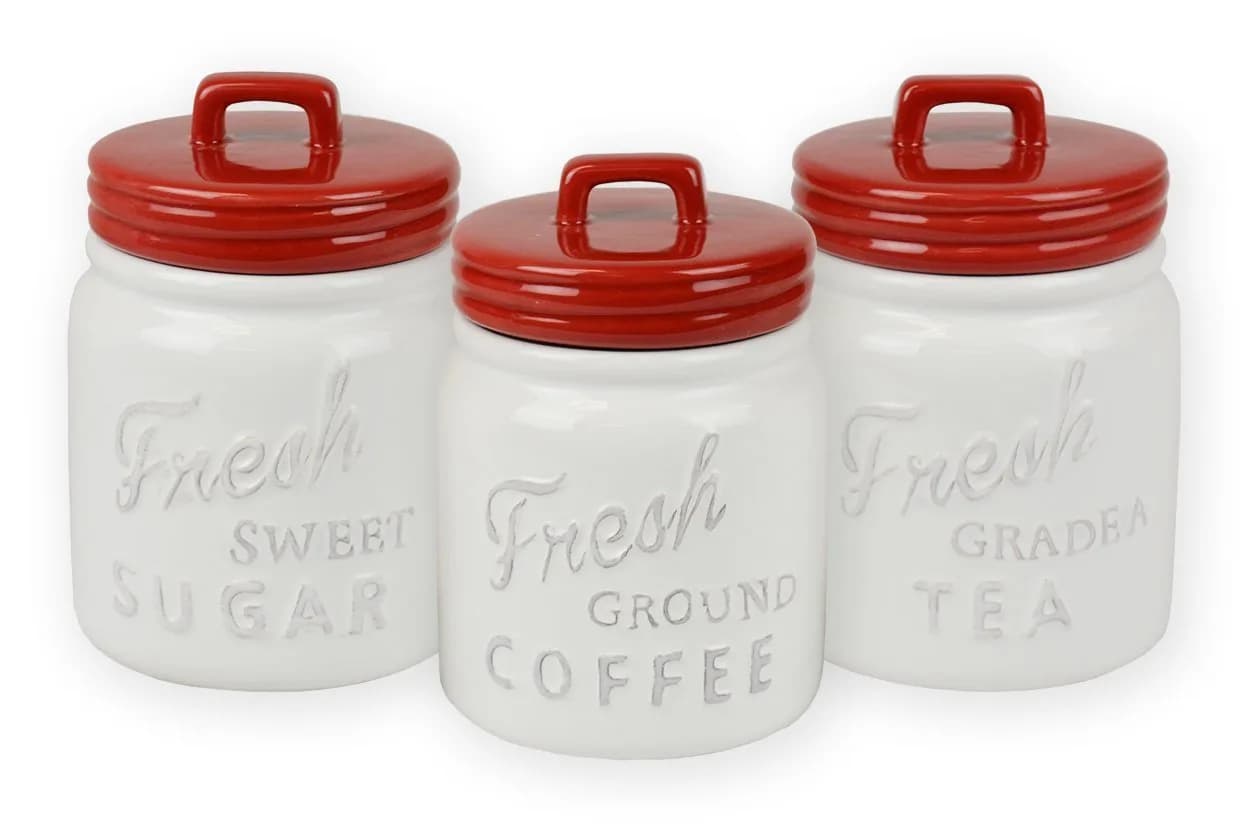 DII Ceramic Kitchen Canister Set with Bamboo Lids, 3-Piece Set (4.5"L x 4.5"W x 5.5"H) | Airtight Food Storage for Coffee, Sugar, Tea — Red