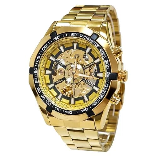 Gute Mechanical Skeleton Watch Self-Winding Stainless Steel Gold | Classic Automatic Men’s Wristwatch thumbnail 1