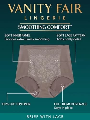 Vanity Fair Smoothing Comfort Brief Panties with Rear Lift, 7, Black Lace | Tummy Smoothing & Lifted Fit (100-120 chars) thumbnail 3