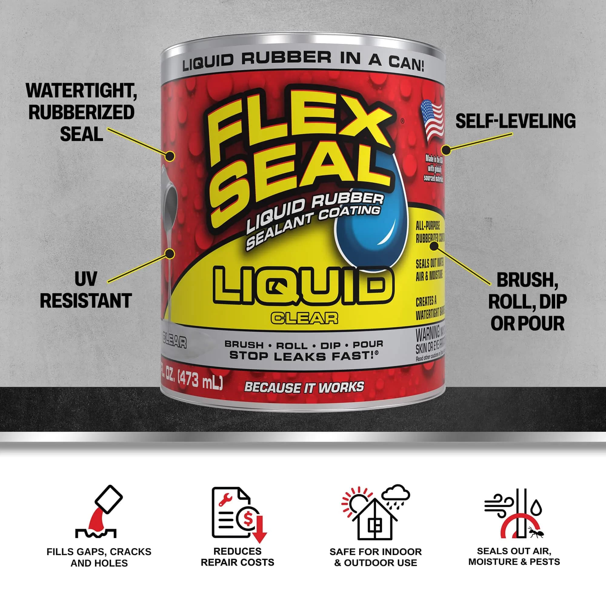 Flex Seal Liquid Rubber Sealant Coating Clear 473ml (16 oz) | Waterproof & Flexible Barrier - view 2