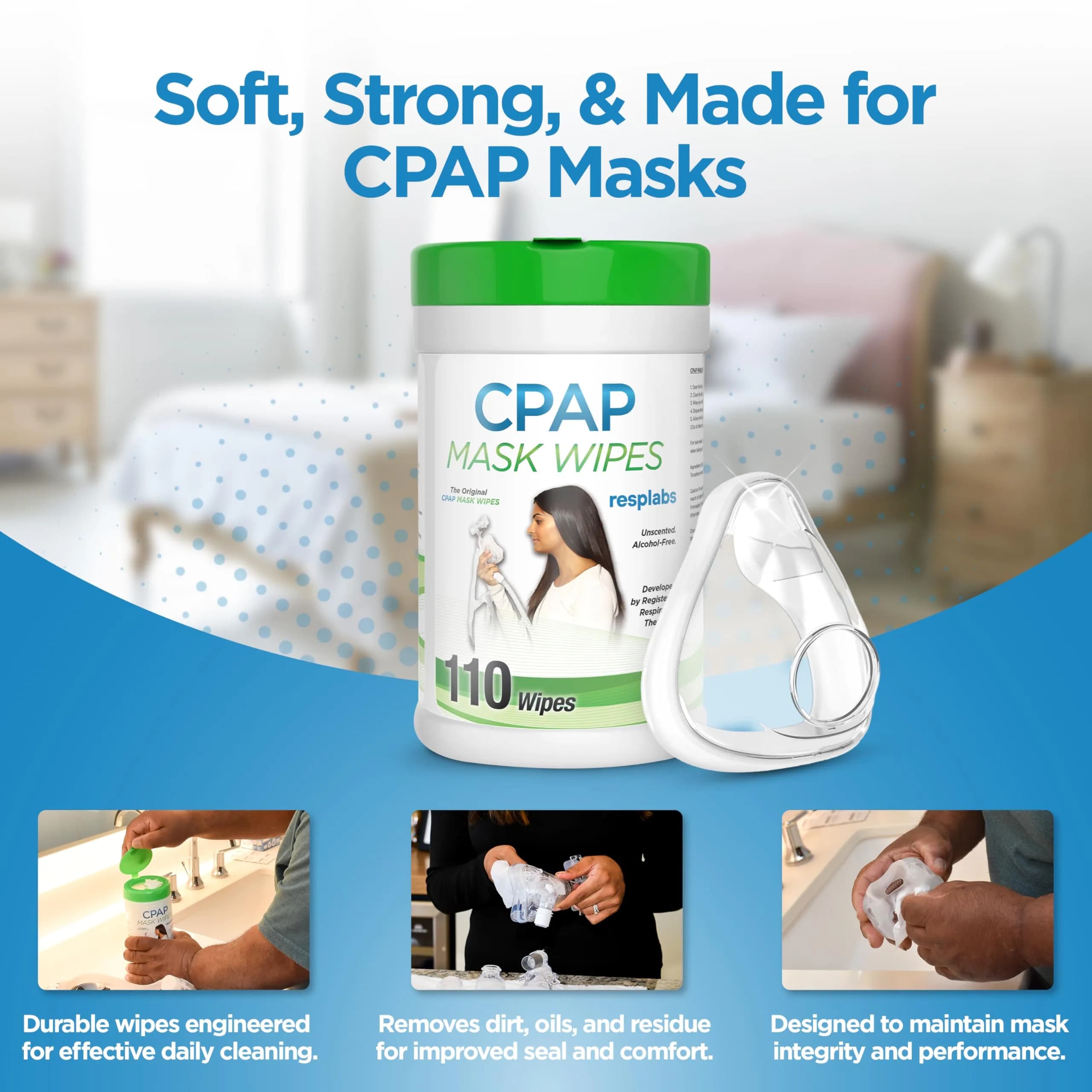 RespLabs CPAP Mask Wipes Unscented 110 Count | Gentle & Effective CPAP Cleaning for Full Face & Nasal Masks - view 3