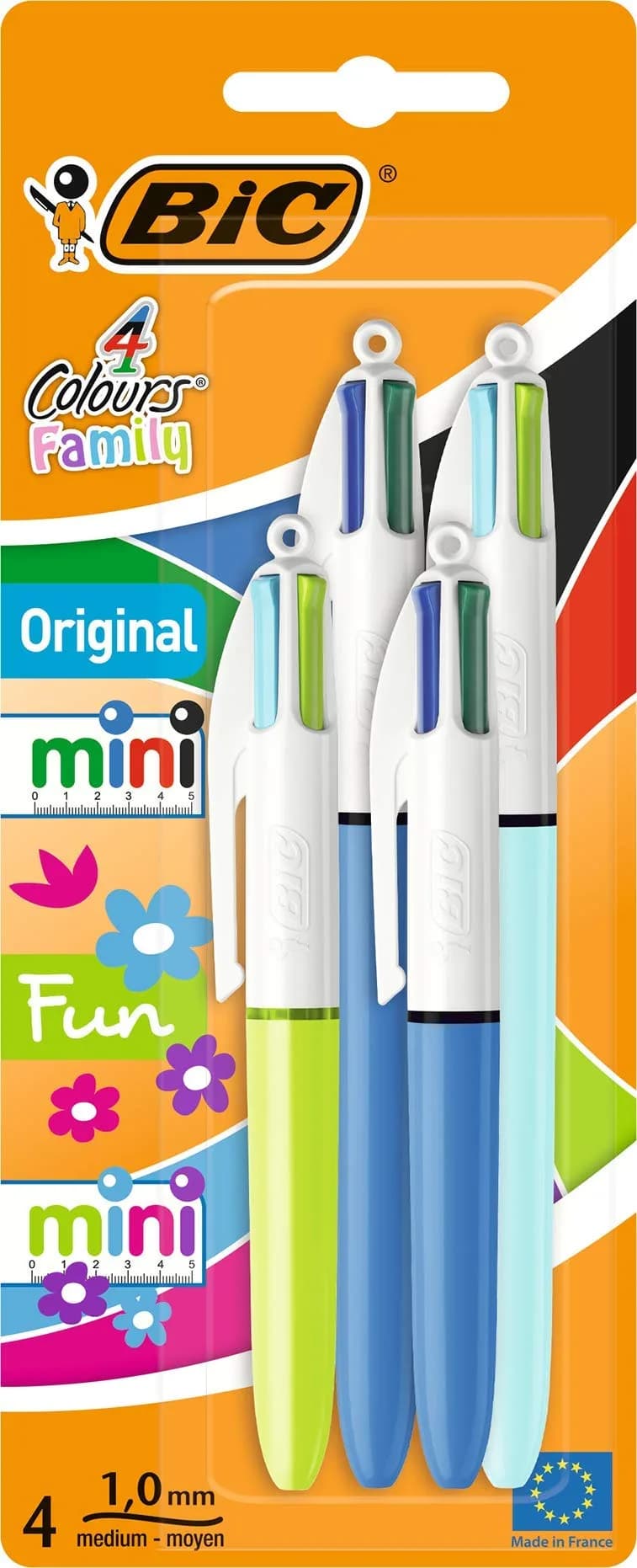 BIC 4 Colours Family Pen Pack of Retractable Ballpoint Pens with Four Ink Colours, Set of 4 (2 Mini, 2 Original) | Multi-Colour, Medium 1.0 mm — Multi-Colour