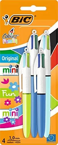 BIC 4 Colours Family Pen Pack of Retractable Ballpoint Pens with Four Ink Colours, Set of 4 (2 Mini, 2 Original) | Multi-Colour, Medium 1.0 mm thumbnail 1