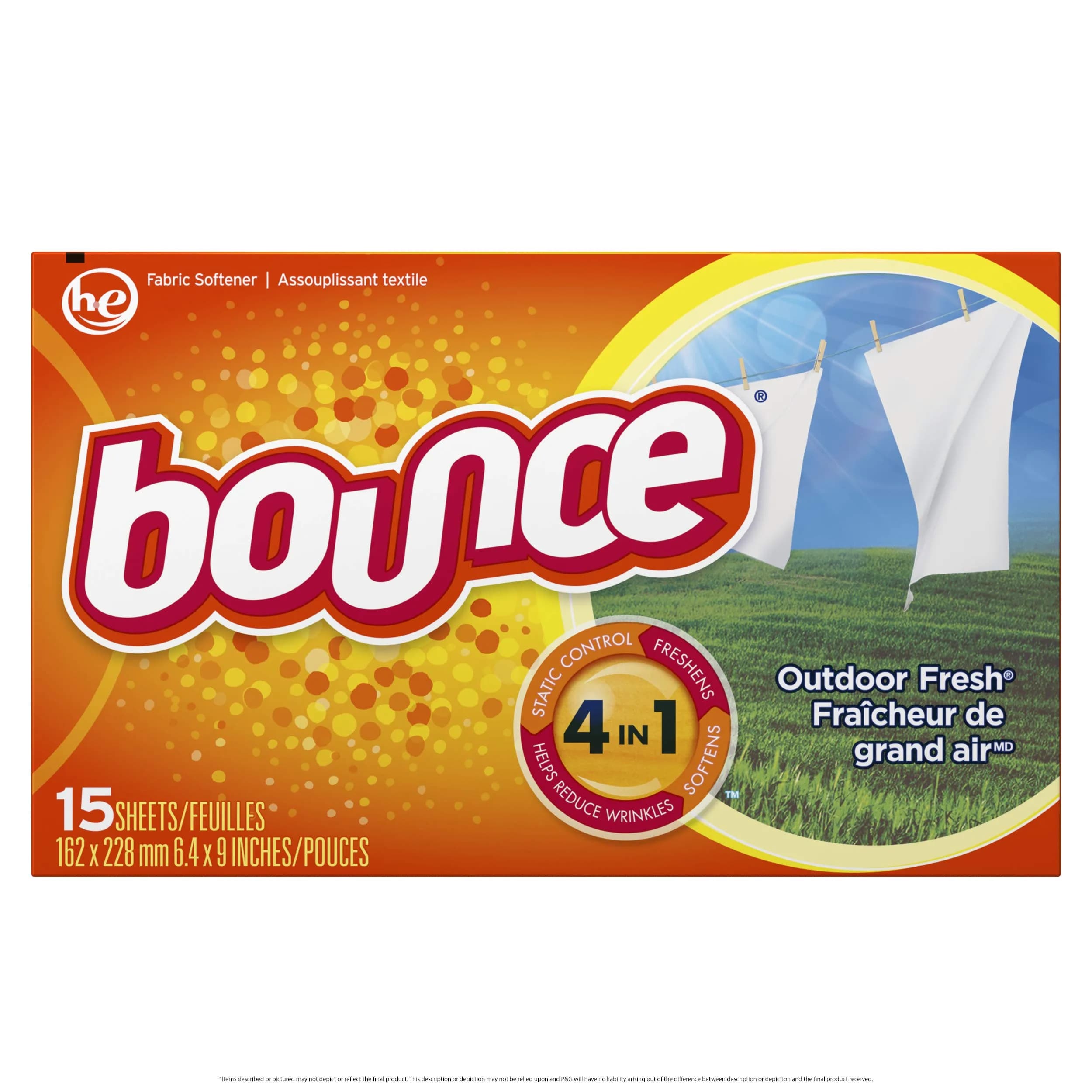 Bounce Outdoor Fresh Scented Fabric Softener Dryer Sheets 15 Count | Reduces Wrinkles & Static Cling - main product image