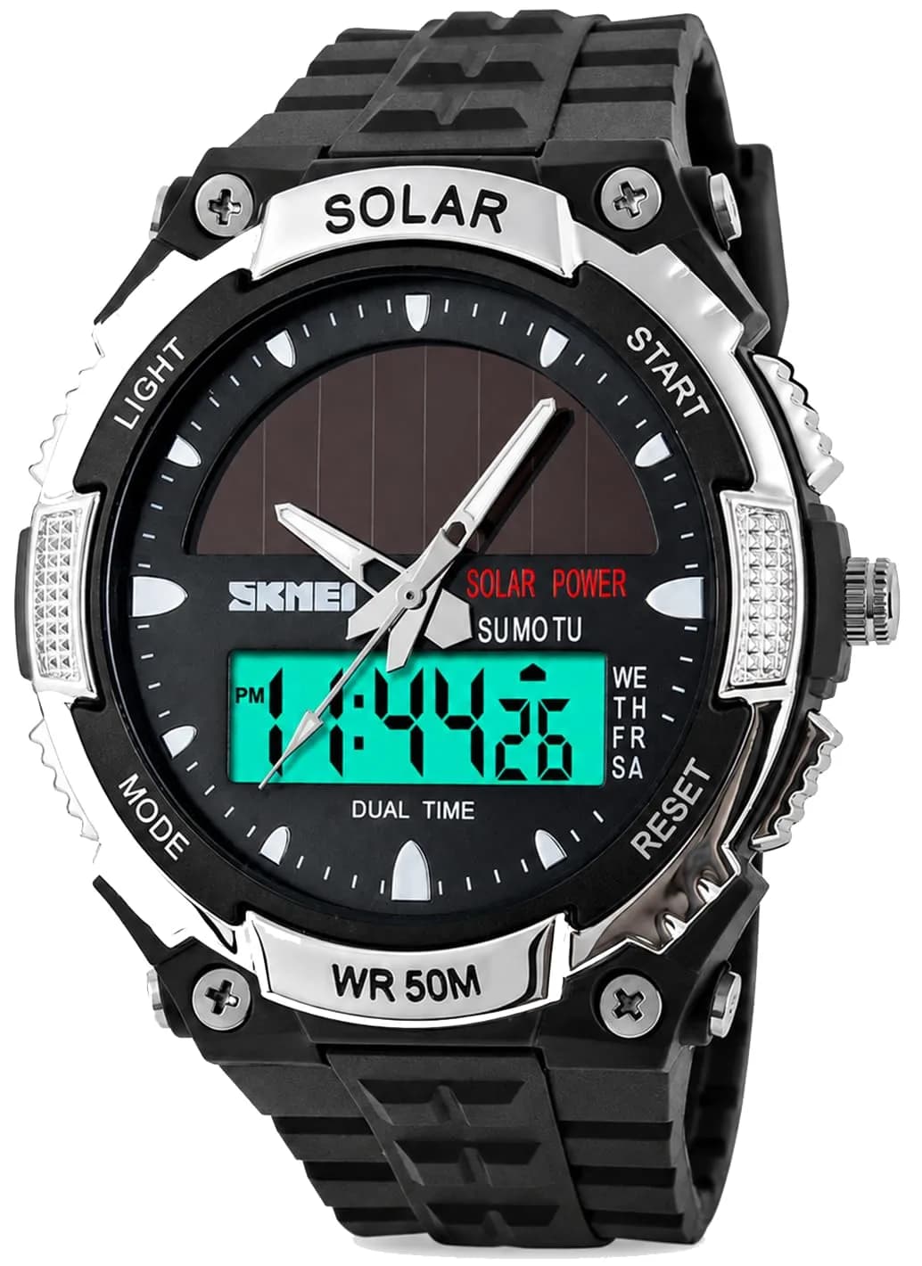 MASTOP Solar Powered Analog-Digital Watch 50mm (1.97 inches) | Dual Time Zone, 50M Waterproof, LED Backlight — Silver