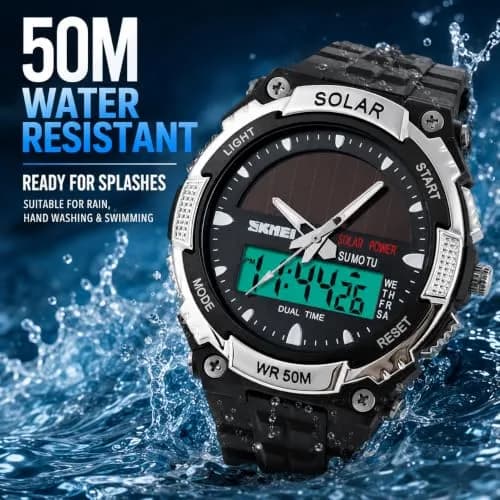 MASTOP Solar Powered Analog-Digital Watch 50mm (1.97 inches) | Dual Time Zone, 50M Waterproof, LED Backlight thumbnail 4