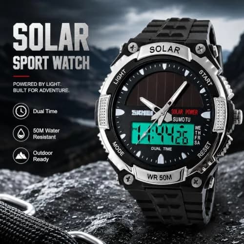 MASTOP Solar Powered Analog-Digital Watch 50mm (1.97 inches) | Dual Time Zone, 50M Waterproof, LED Backlight thumbnail 5