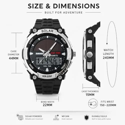 MASTOP Solar Powered Analog-Digital Watch 50mm (1.97 inches) | Dual Time Zone, 50M Waterproof, LED Backlight thumbnail 7