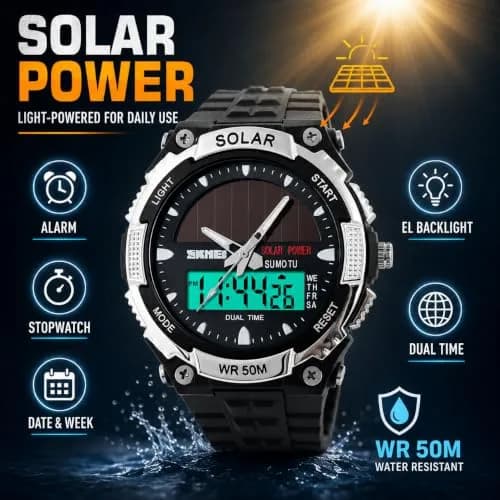 MASTOP Solar Powered Analog-Digital Watch 50mm (1.97 inches) | Dual Time Zone, 50M Waterproof, LED Backlight thumbnail 2
