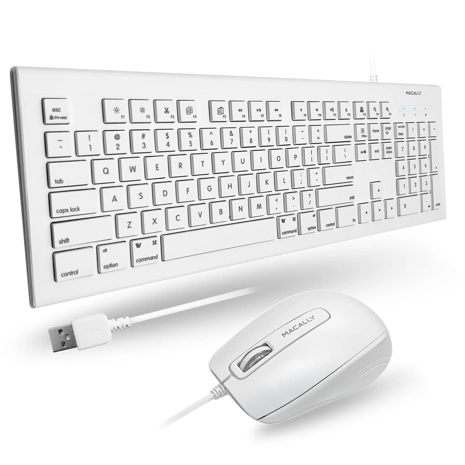 Macally 104 Key USB Wired Keyboard and Mouse Combo with Apple Shortcut Keys for Mac, iMac, MacBook, and Windows PC (White) | Quiet, Responsive, Apple-like Feel — White