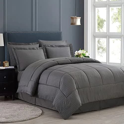 Sweet Home Collection Queen Comforter Set 8 Piece Bed in a Bag with Bed Skirt, Fitted Sheet, Flat Sheet, 2 Pillowcases, 2 Pillow Shams, Dobby Gray thumbnail 1