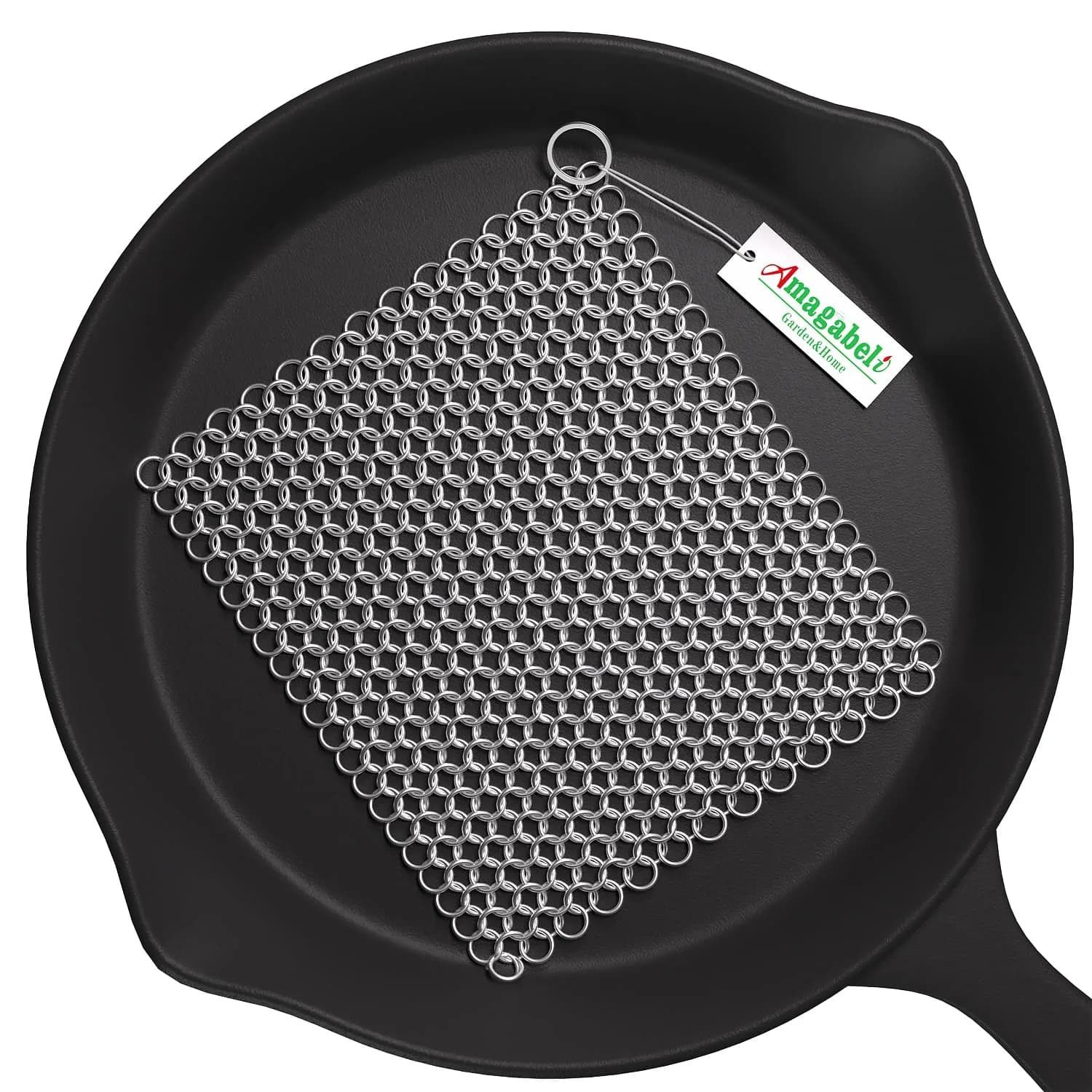 Amagabeli Cast Iron Cleaner 20cm x 15cm (8"x6") | Premium Stainless Steel Chainmail Scrubber for Pans, Pots, Woks, Griddles