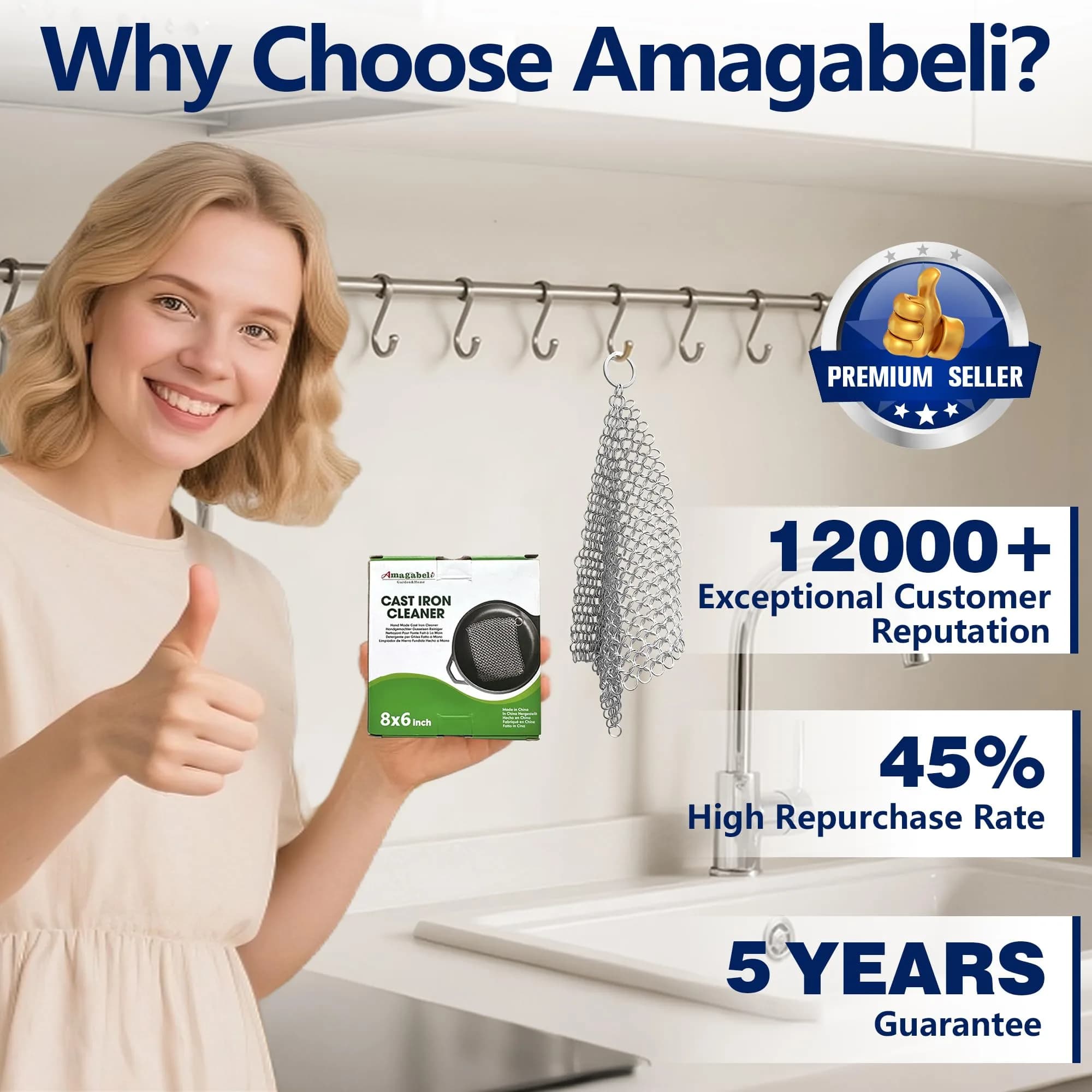 Amagabeli Cast Iron Cleaner 20cm x 15cm (8"x6") | Premium Stainless Steel Chainmail Scrubber for Pans, Pots, Woks, Griddles - view 7