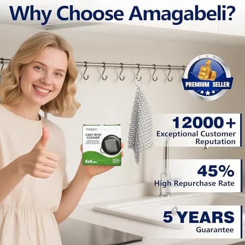 Amagabeli Cast Iron Cleaner 20cm x 15cm (8"x6") | Premium Stainless Steel Chainmail Scrubber for Pans, Pots, Woks, Griddles thumbnail 7