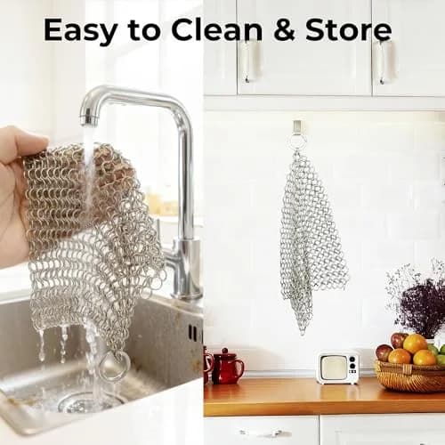 Amagabeli Cast Iron Cleaner 20cm x 15cm (8"x6") | Premium Stainless Steel Chainmail Scrubber for Pans, Pots, Woks, Griddles thumbnail 8