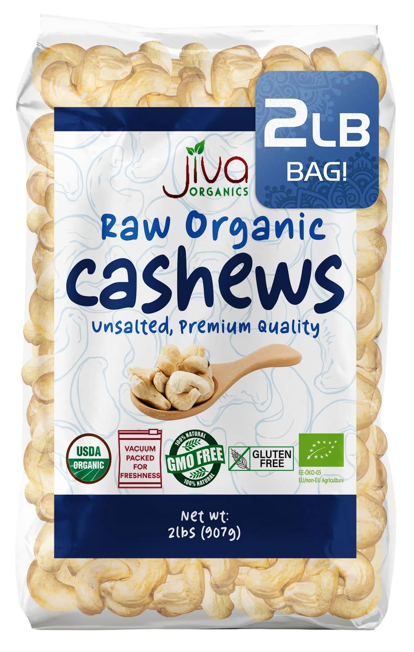 Jiva Organics Organic Raw Cashews 2 LB Bag | Gluten-Free, Vegan, Whole Nuts — 32 Ounce