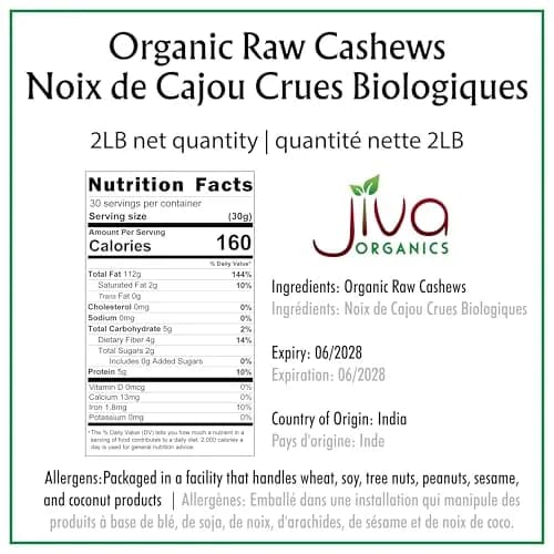 Jiva Organics Organic Raw Cashews 2 LB Bag | Gluten-Free, Vegan, Whole Nuts thumbnail 3
