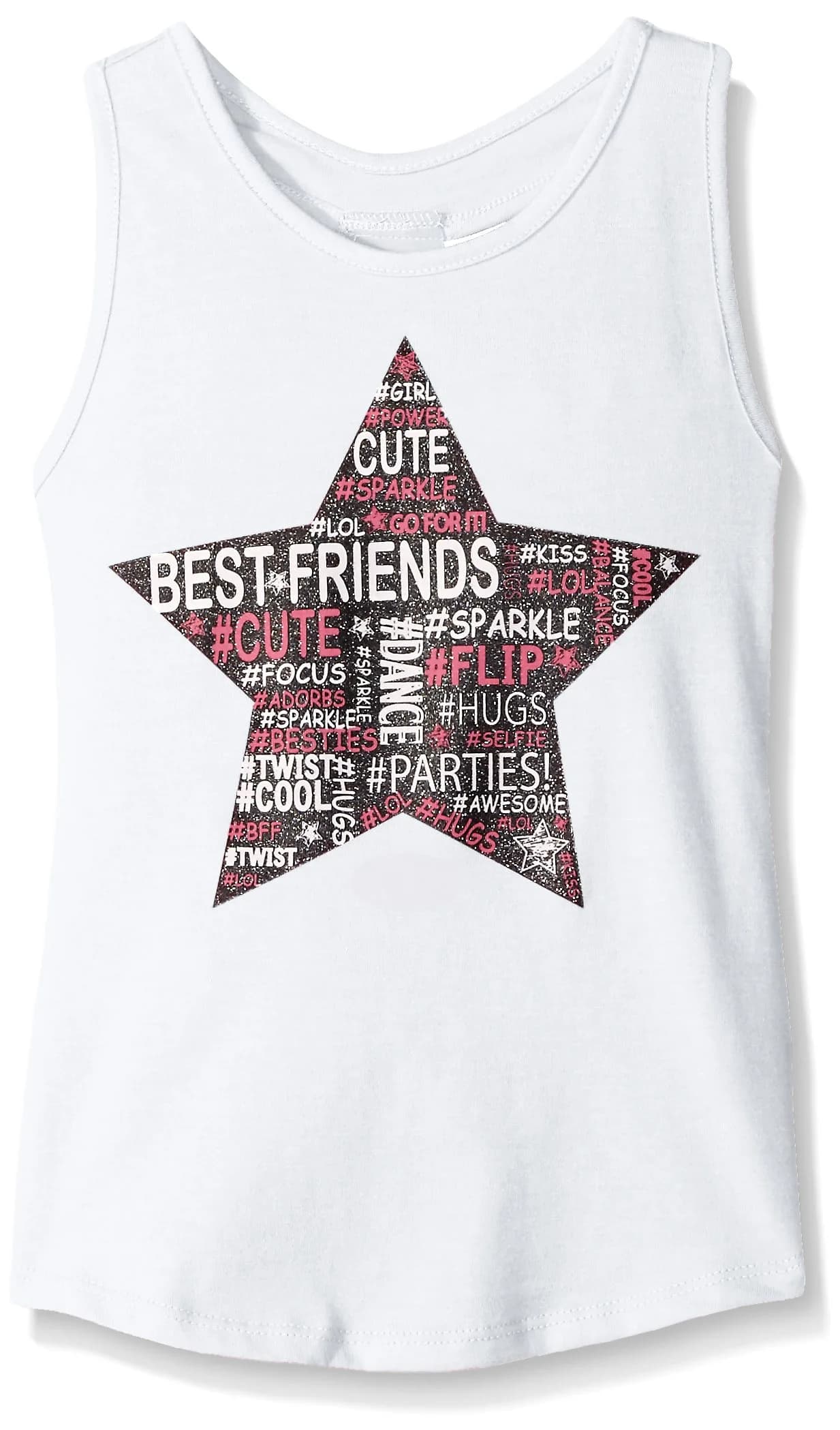 Dream Star Little Girls Tank Top White Large/6 | "BFF" Glitter Screen with T-Back Elastic — White