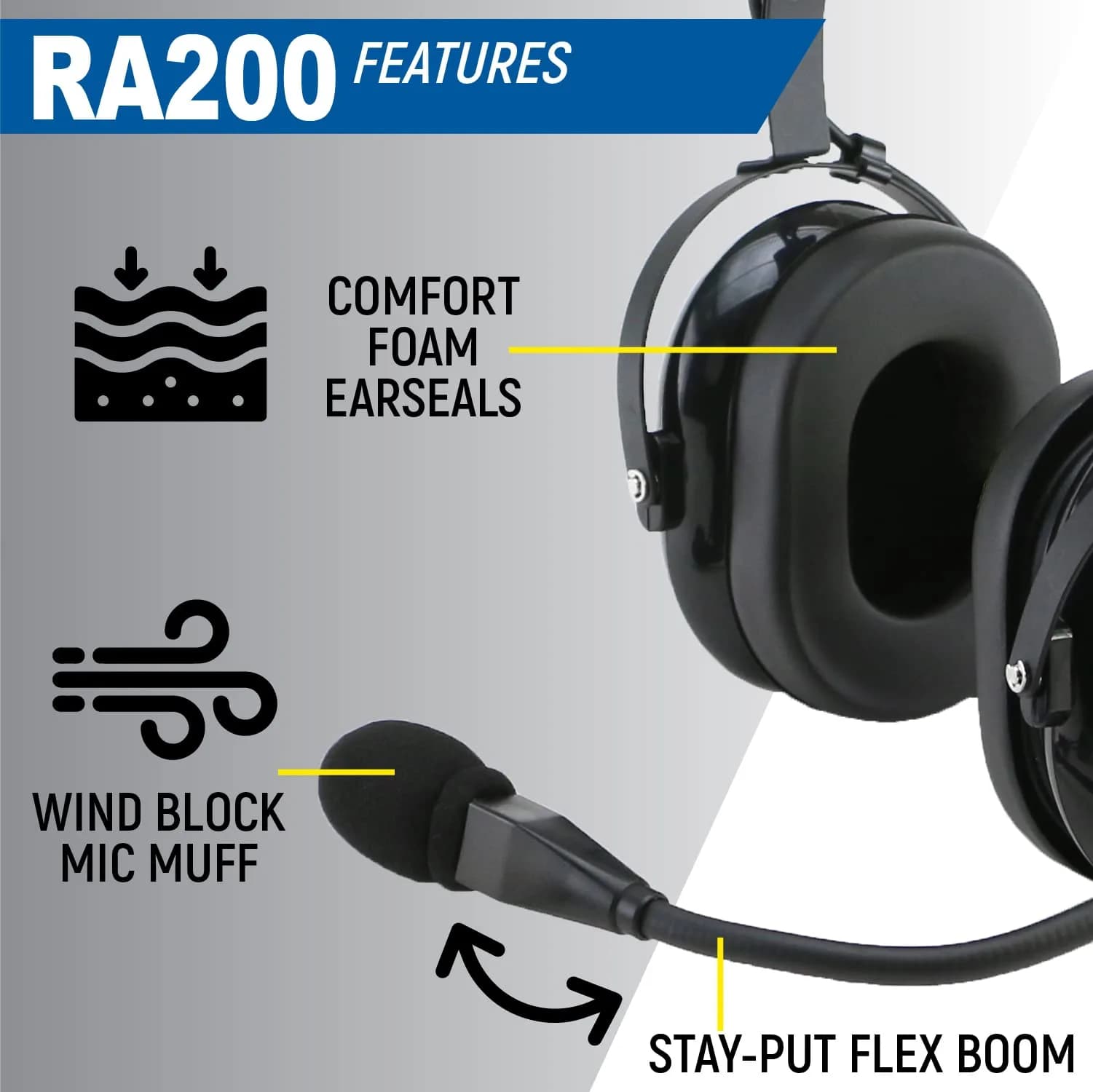 Rugged. Air RA200 Aviation Pilot Headset | 0.57 kg (1.2 lb) with Noise Canceling Microphone - view 5