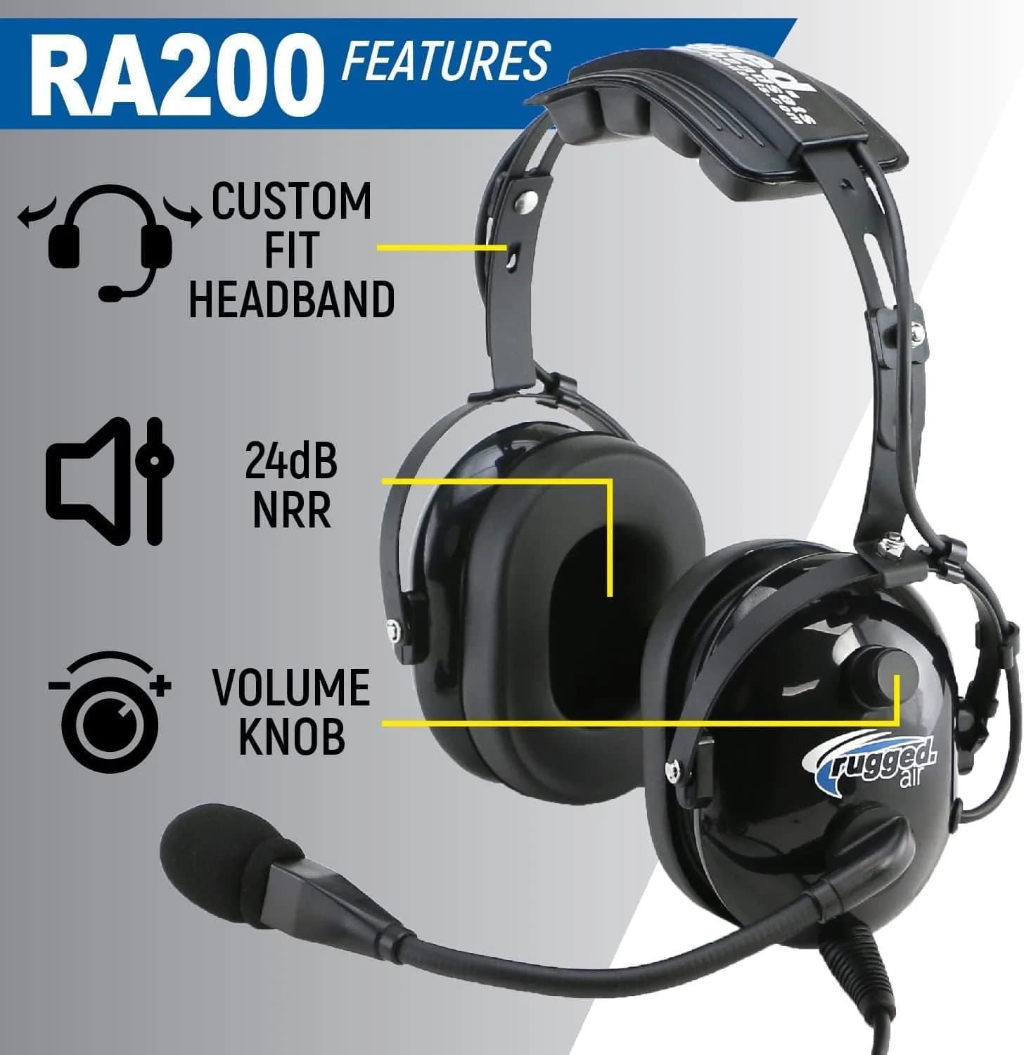 Rugged. Air RA200 Aviation Pilot Headset | 0.57 kg (1.2 lb) with Noise Canceling Microphone - view 2