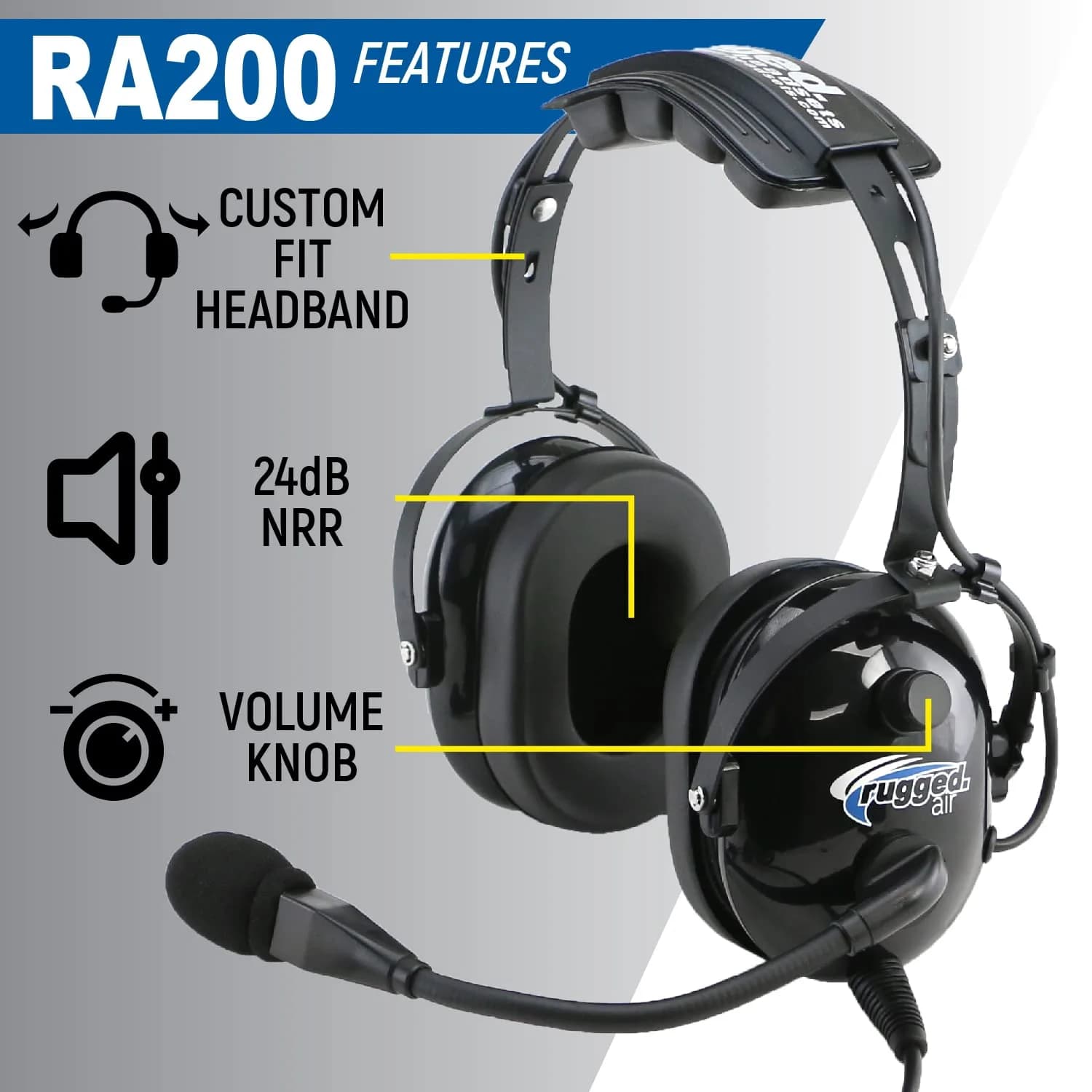 Rugged. Air RA200 Aviation Pilot Headset | 0.57 kg (1.2 lb) with Noise Canceling Microphone - view 3