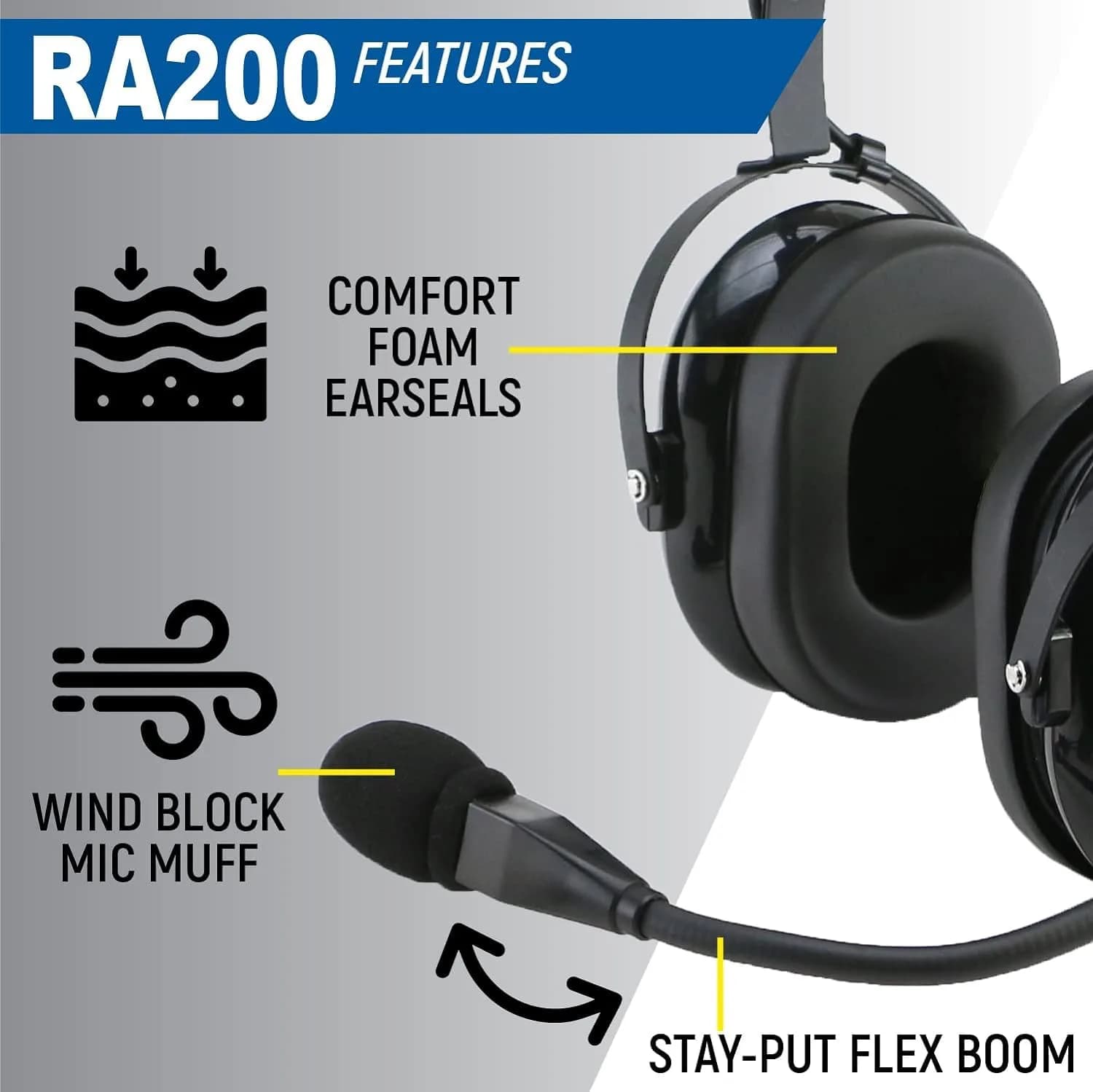 Rugged. Air RA200 Aviation Pilot Headset | 0.57 kg (1.2 lb) with Noise Canceling Microphone - view 4
