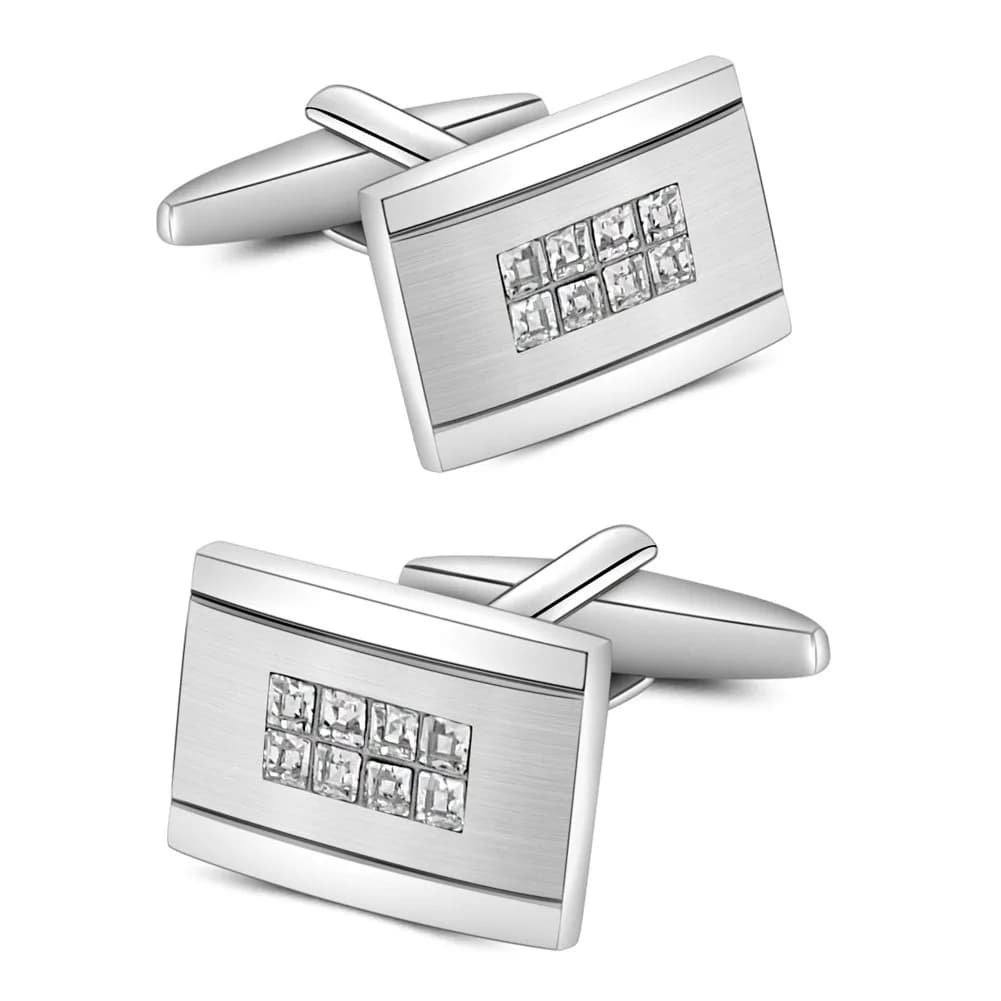 Mr.Van Rhodium-Plated Brass Cufflinks 0.70x0.48 Inch Rectangle with 8 Simulated Diamonds | Elegant Formal Accessory