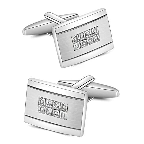 Mr.Van Rhodium-Plated Brass Cufflinks 0.70x0.48 Inch Rectangle with 8 Simulated Diamonds | Elegant Formal Accessory thumbnail 1