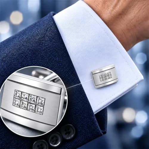 Mr.Van Rhodium-Plated Brass Cufflinks 0.70x0.48 Inch Rectangle with 8 Simulated Diamonds | Elegant Formal Accessory thumbnail 2