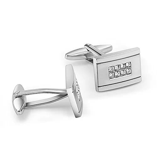 Mr.Van Rhodium-Plated Brass Cufflinks 0.70x0.48 Inch Rectangle with 8 Simulated Diamonds | Elegant Formal Accessory thumbnail 3