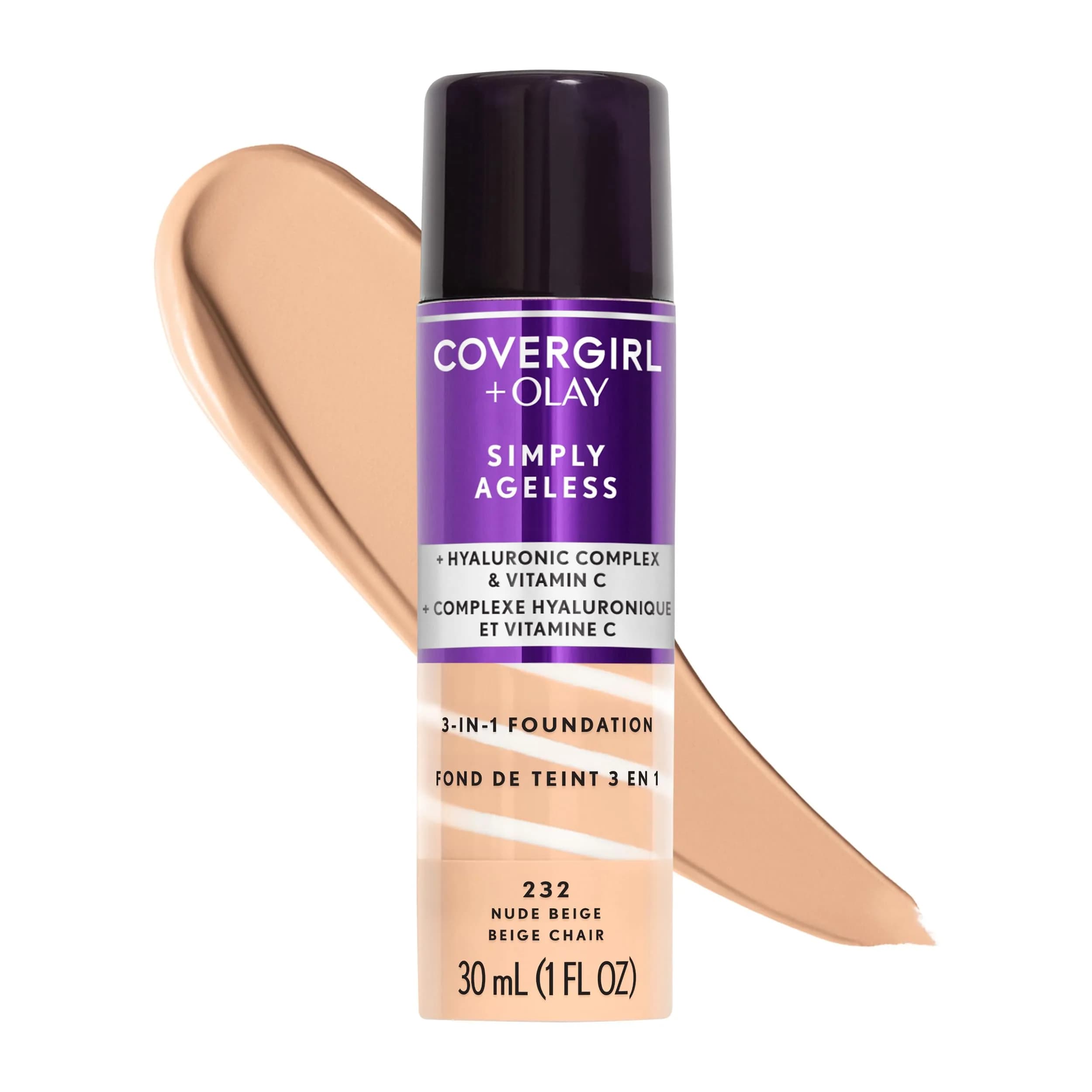 COVERGIRL Simply Ageless 3-in-1 Foundation - 232 Nude Beige 29.57ml (1 Fl Oz) | Anti-Aging Formula for Smoother Skin