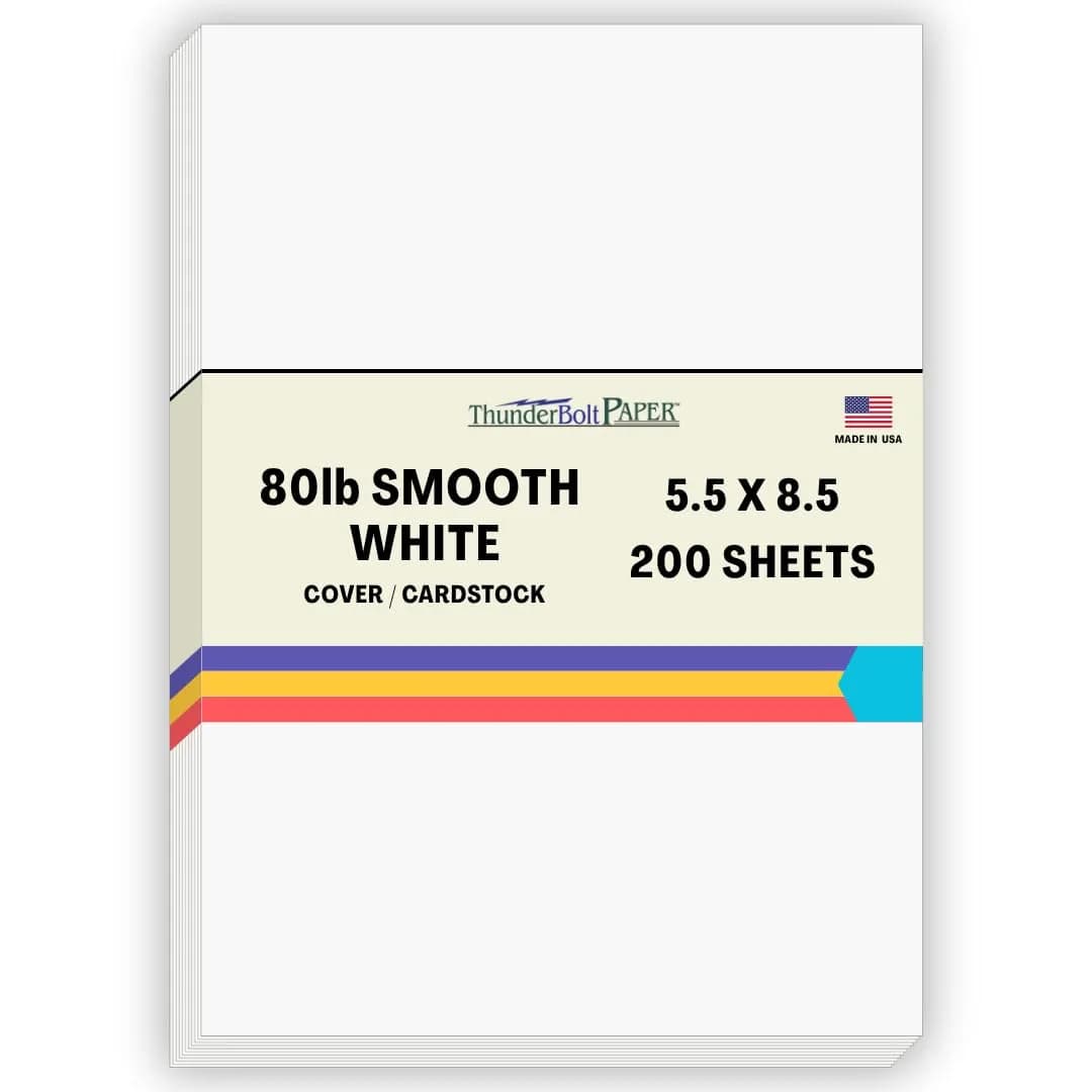 ThunderBolt Paper Bright White 80 lb Card Stock | Smooth Finish for Invitations & Crafts — 5.5x8.5 – 200 Sheets