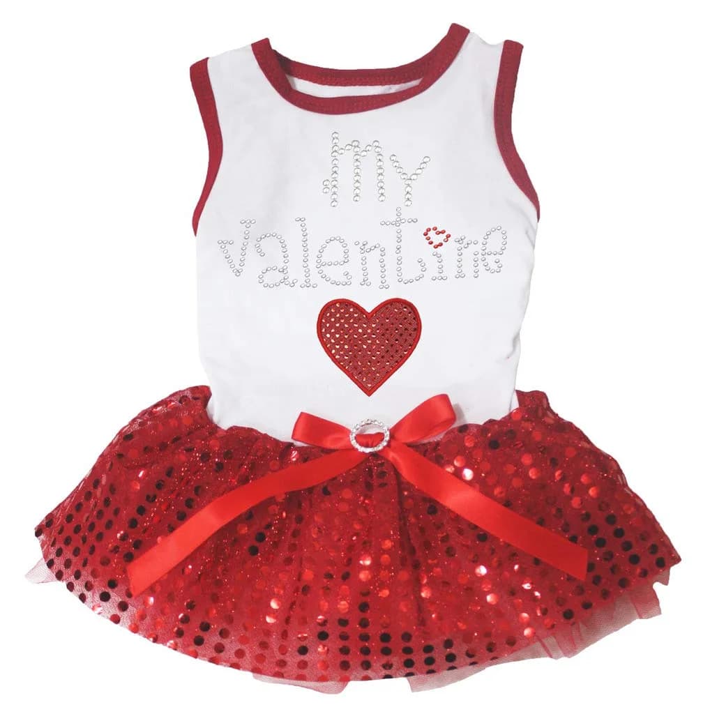 Petitebella My Valentine Heart Puppy Dog Dress White/Red Sequins Medium | Breathable Cotton Blend for Small Breeds — White/Red Sequins