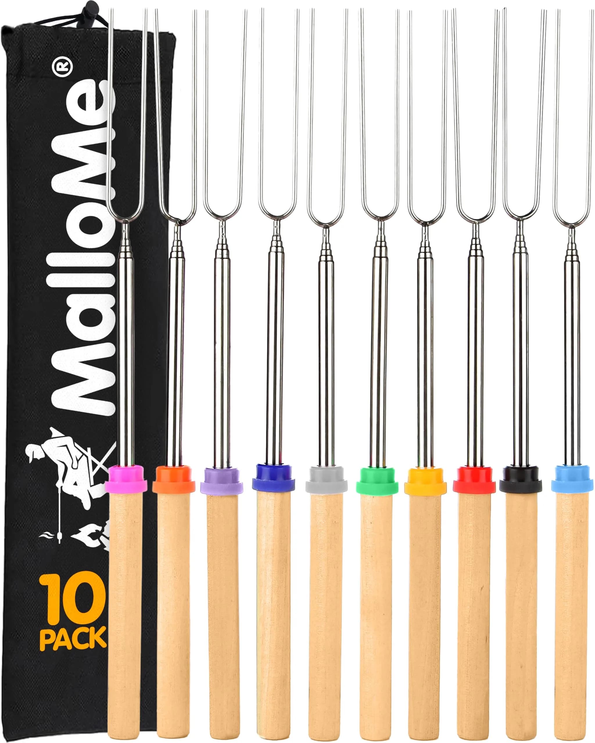 MalloMe Telescopic Roasting Sticks 32" (10 Pack) | Heavy Duty 304 Stainless Steel Smores Skewers for Campfire & Bonfire - main product image