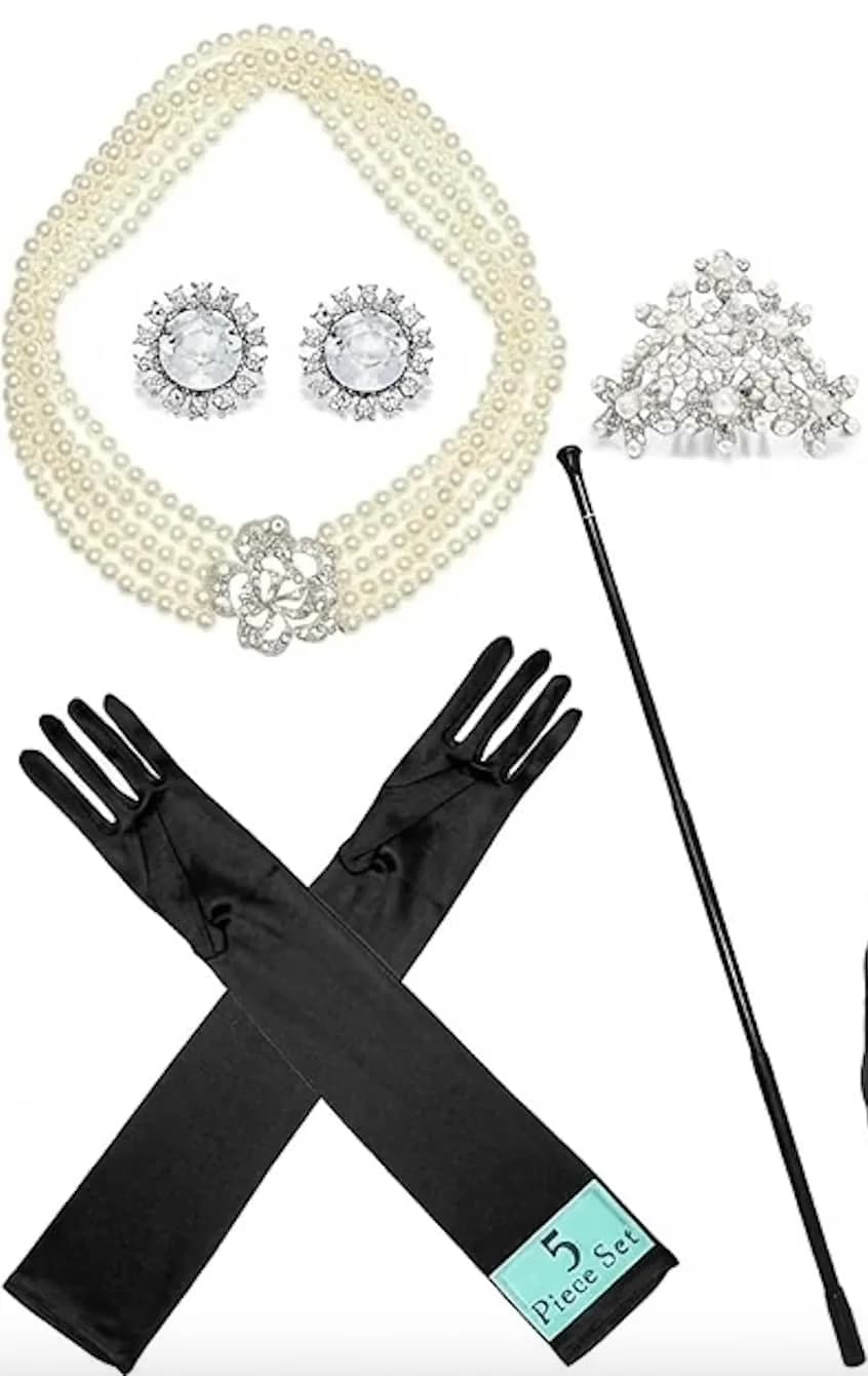 Utopiat Audrey-Inspired 5 Piece Costume Jewelry Set with Pearl Necklace, Tiara, Gloves & Holder | Vintage Hollywood Glamour